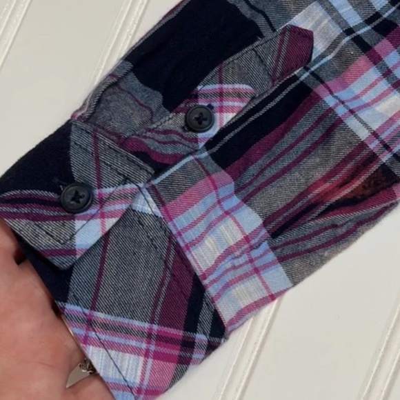 Pink Blue Fall Bleach Dip Tie Dye Plaid Button Down Shirt L - Picture 4 of 6